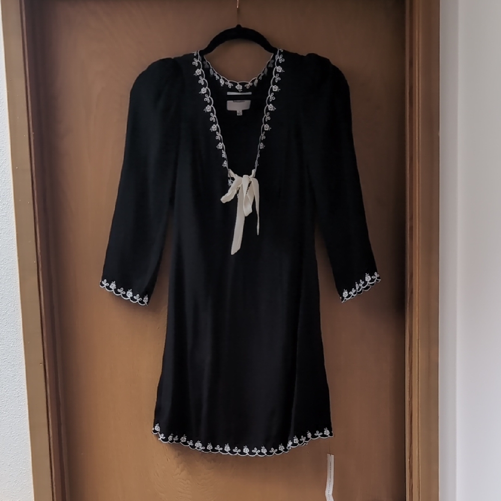 Reformation Black Blouse with White Embroidery